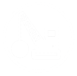 Ein minimalistisches, weißes Icon eines Baggers mit einer Abrissbirne in einer kreisförmigen Umrandung auf schwarzem Grund.