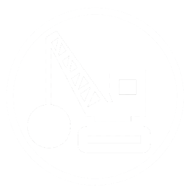 Ein minimalistisches, weißes Icon eines Baggers mit einer Abrissbirne in einer kreisförmigen Umrandung auf schwarzem Grund.