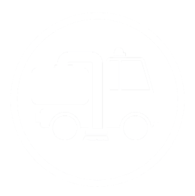 Ein minimalistisches, weißes Icon einer Kehrmaschine in einer kreisförmigen Umrandung auf schwarzem Grund.