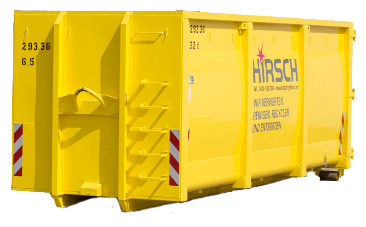 Großer gelber Absetzcontainer mit dem Logo der Firma Hirsch drauf