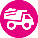 Weißes Icon eines beladenen Kipplasters in einem pinken Kreis.