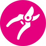 Weißes Icon einer Gartenschere (Astschere) in einem pinken Kreis.