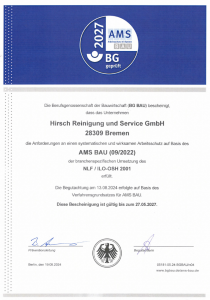 Bescheinigung der BG BAU für die Hirsch Reinigung und Service GmbH über einen systematischen Arbeitsschutz nach AMS BAU, gültig bis 27.05.2027.