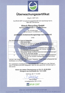 Offizielles Zertifikat der BFUB Cert für die Hirsch Recycling GmbH als Entsorgungsfachbetrieb nach § 56 KrWG, gültig bis 10.01.2026.