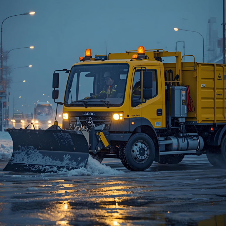 Ein gelber Schneepflug mit eingeschalteten Lichtern räumt bei Dämmerung Schnee von einer nassen, glatten Straße. Die Lichter spiegeln sich auf dem Asphalt, im Hintergrund sind weitere Fahrzeuge und Straßenlaternen zu sehen.