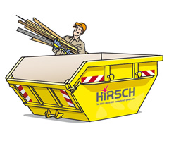 Arbeiter wirft Baumaterial in einen gelben HIRSCH-Bauschuttcontainer.