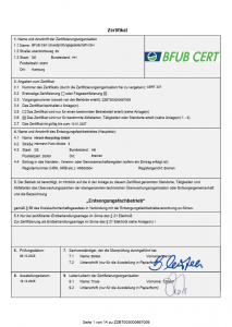 Offizielles Zertifikat der BFUB CERT für die Hirsch Recycling GmbH aus Bremen als „Entsorgungsfachbetrieb“, mit Angaben zur Zertifizierungsorganisation, Zertifikatsnummer CERT 337, Prüfungs- und Ausstellungsdatum sowie Unterschriften.