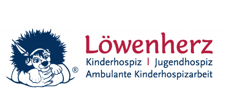 Logo des Kinderhospiz Löwenherz mit einer blauen Löwenfigur und dem roten Schriftzug „Löwenherz“.